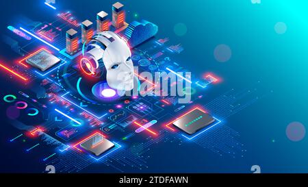 Sviluppo di bot di chat AI. Testa del robot isometrico dell'intelligenza artificiale tra l'hardware dei chip elettronici del computer. Tecnologia. Bot di chat online su Internet fa Illustrazione Vettoriale