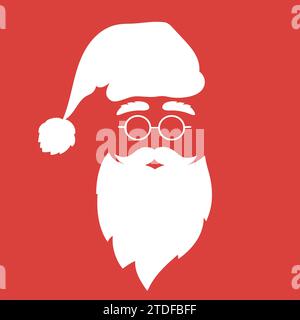 Silhouette di Babbo Natale su sfondo rosso. Cappello, barba, baffi, sopracciglia e occhiali. Simbolo di Natale. Illustrazione vettoriale Illustrazione Vettoriale