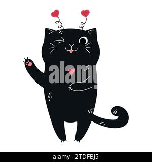 Il gatto disegnato a mano con un lecca-lecca a forma di cuore sorride con la lingua e fa l'occhiolino. Biglietto d'auguri di San Valentino. Illustrazione vettoriale Illustrazione Vettoriale