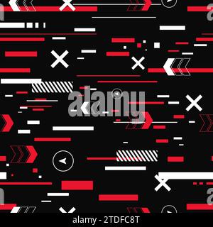 Cyberpunk Seamless Pattern, effetto glitter, grafica dal futuro. Materiale per abbigliamento, abbigliamento, tessuti. Sfondo per i progetti di stampa. Illustrazione Vettoriale