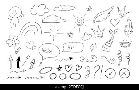 Collezione di disegni di doodle disegnati a mano in stile infantile. Frecce, nuvole, cuori, stelle, corona e forme. Illustrazione vettoriale Illustrazione Vettoriale