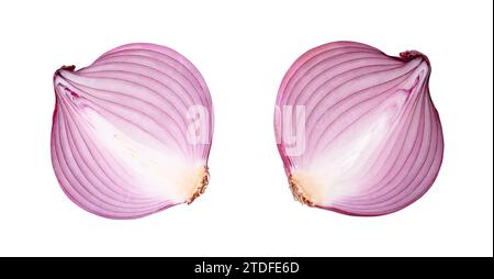 Vista dall'alto delle metà fresche della cipolla rossa o viola del set, isolate su sfondo bianco con tracciato di ritaglio Foto Stock