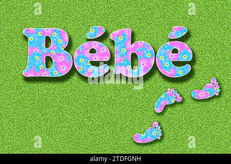 La parola francese Bébé per bebé, scritta con fiori e piccole impronte di un bambino, nei colori del bambino rosa e azzurro su sfondo verde, prato, Foto Stock