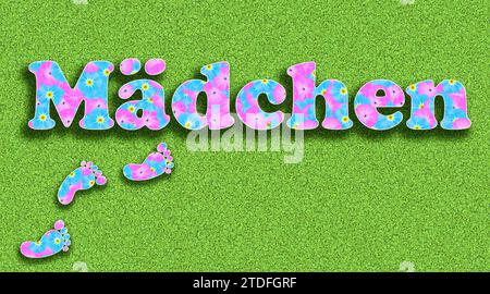 La parola tedesca ragazza per Mädchen, scritta con fiori e piccole impronte di un bambino, nei colori del bambino rosa e azzurro su sfondo verde, mead Foto Stock