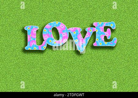 La parola amore scritta con fiori nei colori del bambino rosa e azzurro su sfondo verde, prato, natura, grafica, testo Foto Stock