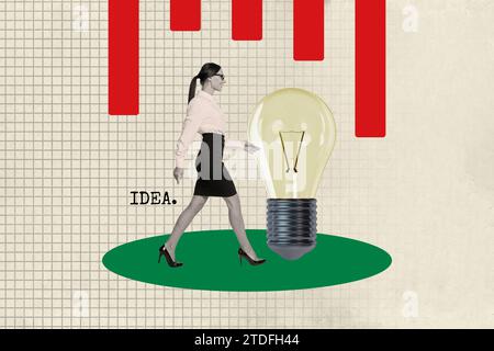 L'immagine del poster collage di una donna intelligente di successo ha un'idea brillante di aumentare il capitale finanziario isolato su un background creativo Foto Stock