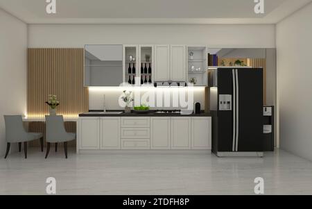 Cucina con bancone bianco e semplice tavolo da bar con pannello in legno Foto Stock
