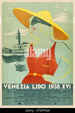 Vecchio poster di viaggio vintage Italia - Venezia Lido 1938 XVI Biennale (Venezia ENIT poster) Foto Stock