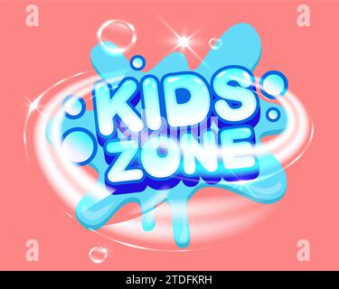 Zona bambini. Lettere blu su sfondo rosa. Intrattenimento infantile. Logotipo, emblema o adesivo della sala giochi. Distintivo isolato colorato. Design del logo. Gioca g Illustrazione Vettoriale