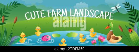Paesaggio agricolo. Carini animali da allevamento. La famiglia delle anatre nuota nello stagno. Prato verde e foresta. Cartoni animati gialli. Pesce nel lago. Ninfee Illustrazione Vettoriale