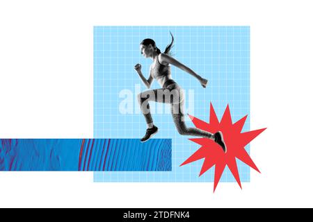 Collage di foto creativo orizzontale giovane sportiva motivata che corre l'allenamento di salto per il suo obiettivo su sfondo composito Foto Stock