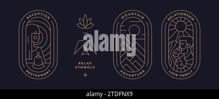 Set di modelli minimalisti per logo line art. Badge grafico semplice e moderno per il marchio. Servizio reception, collina di montagna, simbolo della famiglia. Simbolo della linea vintage Collection. Illustrazione vettoriale Illustrazione Vettoriale