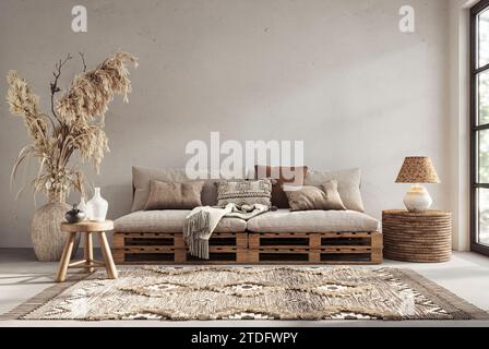 Interni in stile wabi sabi con spazio per la copia sullo sfondo della parete lavavetri. Wall mockup, rendering 3d. Foto Stock