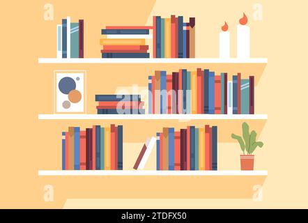 Scaffali con libri su di loro. Biblioteca o libreria con caramelle e piante in pentole sugli scaffali. Dizionario e libro di testo. Appartamento cartoni animati Illustrazione Vettoriale