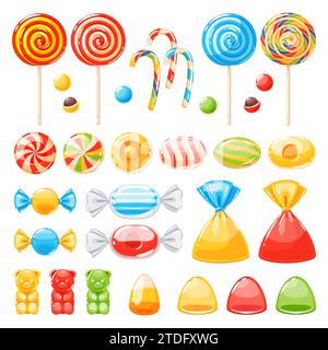 Caramelle dei cartoni animati. Caramello multicolore di diversi tipi, in involucri e su bastoncini, marmellata di orsi e lecca-lecca, bonbons dolci, deliziosa pasticceria Illustrazione Vettoriale