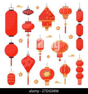 Lanterne rosse cinesi decorative. Luci per feste asiatiche tradizionali, lampade di carta per le feste, luci sospese per le strade festose, ornamenti floreali dorati Illustrazione Vettoriale