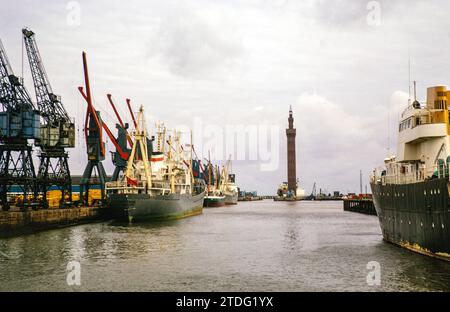 Navi cargo nel Royal Dock con Grimsby Dock Tower, Grimsby, Lincolnshire, Inghilterra, Regno Unito settembre 1973 Foto Stock