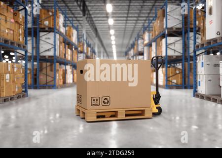 Transpallet con scatola di cartone in un magazzino. Grande magazzino pieno di ripiani, scatole e imballaggi su pallet. Centro di logistica e distribuzione f Foto Stock