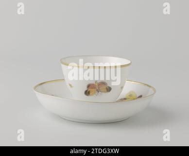 Tazza e piattino dipinti con farfalle e libellule, Porcelinfabriek aan den Amstel, 1784 - 1809 testa senza orecchio sul piatto e multicolore dipinto con farfalle e libellule. Contrassegnato: Amstel. Testa di porcellana Ouder-Amstel senza orecchio sul piatto e multicolore dipinta con farfalle e libellule. Contrassegnato: Amstel. Porcellana Ouder-Amstel Foto Stock