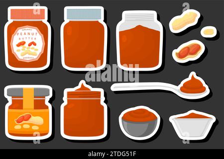 Illustrazione a tema, set di grandi colori diversi tipi di burro di arachidi, vasetti di varie dimensioni, modello di burro di arachidi composto da un accessorio di raccolta Illustrazione Vettoriale