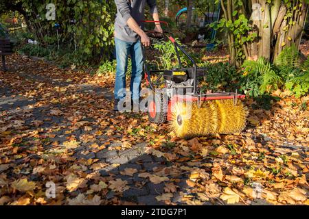 Grundstück mit Maschine und Bürste im Herbst von Laub säubern Foto Stock