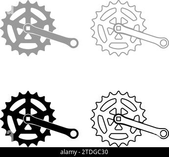 Ruota dentata del carter motore lunghezza manovella con ingranaggio per sistema di cassette per biciclette icona set di biciclette grigio nero illustrazione vettoriale immagine solida semplice Illustrazione Vettoriale