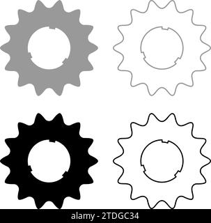 Pignone Cogset ruota dentata di servizio ruota dentata dentata ruota dentata dentata ruota dentata con denti si innesta con l'icona del set di catene grigio nero immagine vettoriale Illustrazione Vettoriale