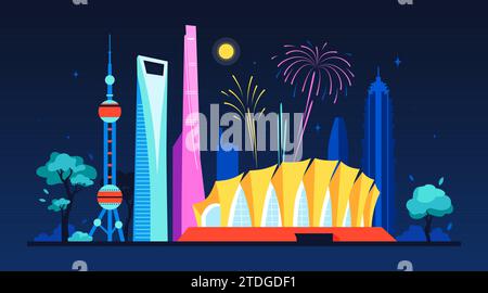 Night China con luci al neon - moderna illustrazione vettoriale colorata Illustrazione Vettoriale