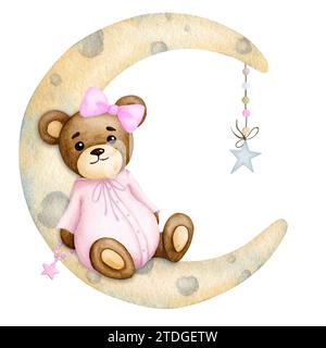 Carino bambino orso che dorme sulla luna. Ragazza. Acquerello dipinto a mano. Compleanno, baby shower, festa per bambini. Design per inviti, packaging, greeti Foto Stock