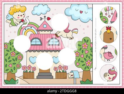 Attività di taglio e colla Vector Saint Valentine. Creazione di un gioco con un'incantevole scena di date kawaii. Foglio di lavoro stampabile per le vacanze. Trova il pezzo giusto di Illustrazione Vettoriale