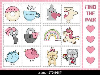 Vector Saint Valentine combina puzzle con simpatici personaggi kawaii. Attività Love Holiday abbinate per i bambini. Gioco educativo con gatti, puzzle p Illustrazione Vettoriale