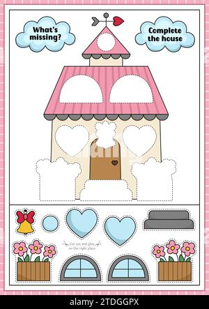 Attività di taglio e colla Vector Saint Valentine. Gioco di creazione con una graziosa casa kawaii con cuori. Foglio di lavoro stampabile per le vacanze. Trova la p. Giusta Illustrazione Vettoriale