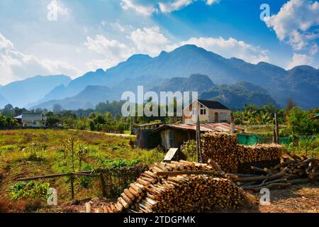 Una casa e il giardino con il raccolto, splendide montagne e cielo pieni di nuvole, palme e altri alberi, piccoli pezzi per un camino Thailandia Foto Stock