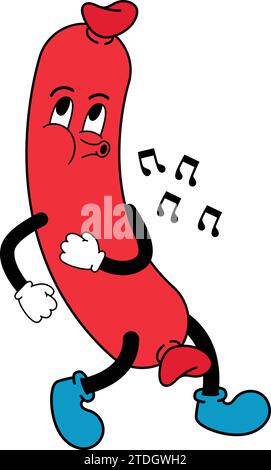 Personaggio dei cartoni animati hot dog.Vector un hot dog con un sorriso.kielbasa, cucina, wiener, all'aperto, bratwurst, juicy, sign, clip art, dog, ke Illustrazione Vettoriale