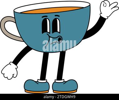 Tazza di caffè Vector Coffee Time e tè, tazza con bustina di tè e foglie di menta sul piatto.sfondo, clipart, cottura a vapore, vapore, concetto, astratto, contorno. Illustrazione Vettoriale