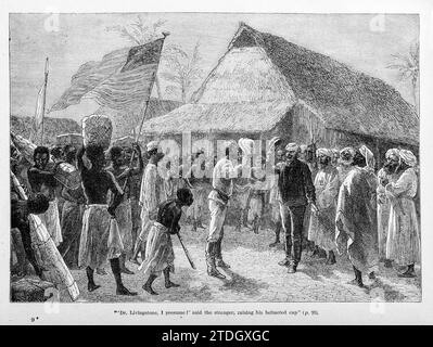 Il famoso incontro a Ujiji (Tanzania) del giornalista americano Henry Stanley e del missionario David Livingstone - "Dr. Livingstone, presumo?" Foto Stock