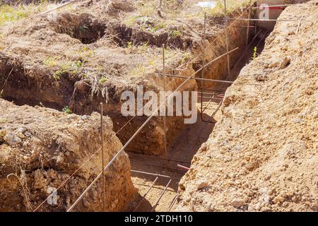 Le fondamenta sono in fase di preparazione per il travaso di calcestruzzo scavando trincee Foto Stock