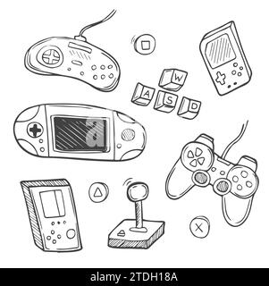 Set di videogioco in stile doodle. Illustrazione vettoriale della linea dei giochi del computer Illustrazione Vettoriale