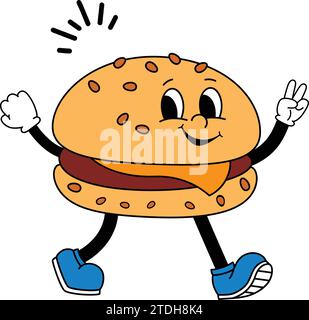 Burger Character.Logo Brand hamburger Junkfood Fastfood Mascotte Template.icona hamburger, divertente, mascotte, collezione, poster, americano, delizioso, clip. Illustrazione Vettoriale