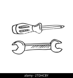 Set di attrezzi vettoriali per barbatella disegnati a mano cacciavite e chiave. Set di strumenti Illustrazione Vettoriale