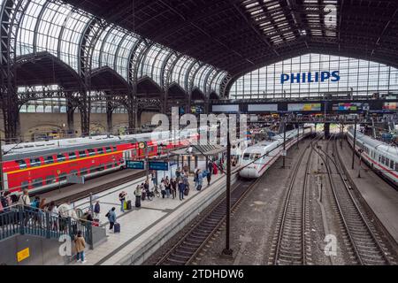 Vista generale dei treni nella stazione centrale di Amburgo, Amburgo, Germania. Foto Stock