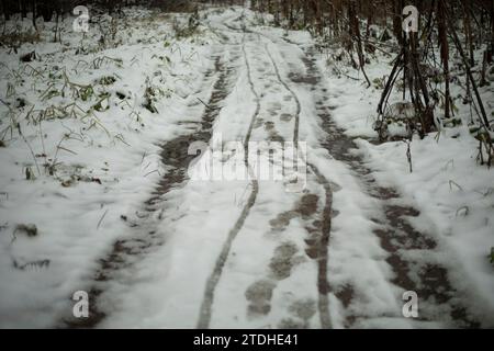 Sentiero nella neve. Sentiero nella foresta in inverno. Neve sciolta in campagna. Impronte sulla neve. Foto Stock