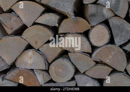 Sfondo astratto realizzato con tronchi di legno di vari alberi appena raccolti impilati uno sopra l'altro in un muro. Esempio di materiale da biomassa. Foto Stock