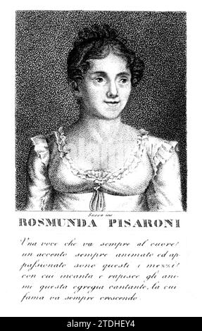 1825 ca, ITALIA : la celebre cantante soprano e contralto italiana BENEDETTA ROSMUNDA PISARONI CARRARA ( 1793 - 1872 ), celebrata per i ruoli delle opere di Gioacchino Rossini . Si sposò due volte: Venanzio Maloberti (morto nel 1815) e con il giovane Giuseppe Santi Carrara (bello, brillante e senza un soldo, ex primo flauto alla Fenice di Venezia e sperperatore della fortuna della moglie). Ritratto inciso da Sasso .- STORIA - FOTO STORICHE - CANTANTE LIRICA - OPERA - MUSICA CLASSICA - ritratto - OPERA - DIVA - DIVINA - ritratto - ritratto - ritratto - ritratto - RITRATTO - RITRATTO - RITRATTO - RITRATTO - ILLUSTRAZIONE - incisione - Foto Stock