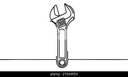Una chiave meccanica per dadi tracciati in una linea continua di colore nero isolato su sfondo bianco. Stile di disegno automatico Illustrazione Vettoriale