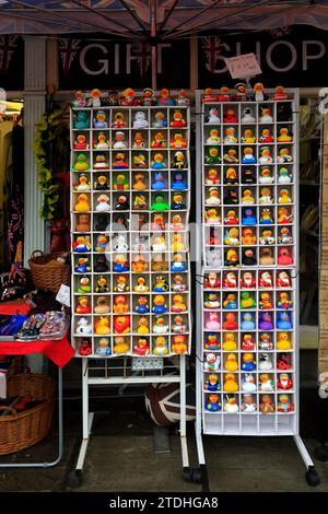 Personaggi assortiti di divertenti anatre da bagno in gomma, in un negozio di articoli da regalo nel centro di Bath. Dicembre 2023. Foto Stock