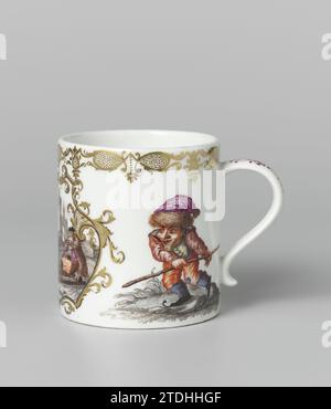 Set di tazze con i dodici mesi, Meissener Porzellan Manufaktur, c. 1740 - c. 1745 tazza cilindrica con orecchio A S, in porcellana verniciata. La coppa è dipinta con un cartiglio di foglie e rete all'interno del quale uno Sleedvaart e sopra il quale il nome Januaryus. Su entrambi i lati del cartiglio, una piccola persona (caricatura) è dipinta da un fuoco e una piccola persona (caricatura) che pattina. La coppa è contrassegnata. Coppa cilindrica in porcellana galleggiante con orecchie A forma di S, realizzata in porcellana verniciata. La coppa è dipinta con un cartiglio di foglie e rete all'interno del quale uno Sleedvaart e sopra il quale il nome gennaio Foto Stock
