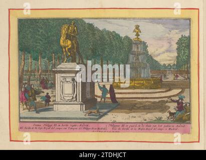 Statua equestre di Filippo II nel giardino del palazzo di Madrid, 1694 - 1737 statua equestre di Filippo II nel giardino del palazzo di Madrid. Dietro l'immagine una fontana. Sotto lo spettacolo un titolo in latino, spagnolo, olandese e francese. La stampa fa parte di un album. Tipografia: Amsterdampublisher: AmsterdamLa carta dell'Aia incide la statua equestre di Filippo II nel giardino del palazzo di Madrid. Dietro l'immagine una fontana. Sotto lo spettacolo un titolo in latino, spagnolo, olandese e francese. La stampa fa parte di un album. Tipografia: Amsterdampublisher: AmsterdamThe Hague paper etching Madrid Foto Stock