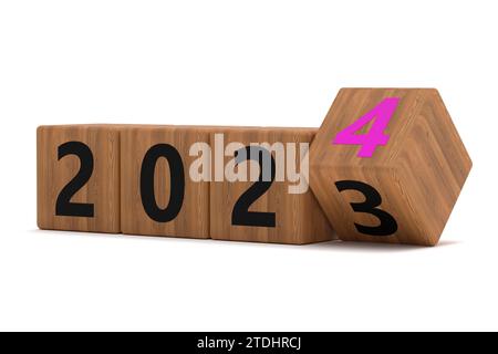 Capovolgimento da 2023 a 2024 su cubo a blocchi per la preparazione felice anno nuovo Foto Stock