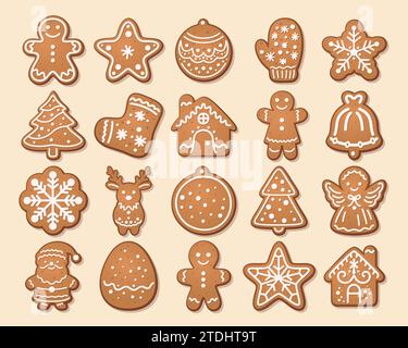 Set Flat Vector Gingerbread. Icone di Natale. Modello di progettazione Gingerbread, simbolo invernale festività. Biscotti di Capodanno, dolci. Vettore Illustrazione Vettoriale